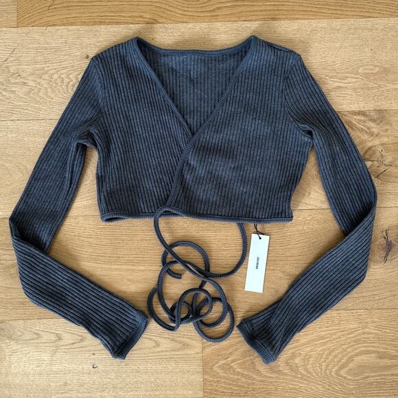 Joah Brown - Ribbed Wrap Around Long Sleeve Top in Gray - Picture 1 of 5